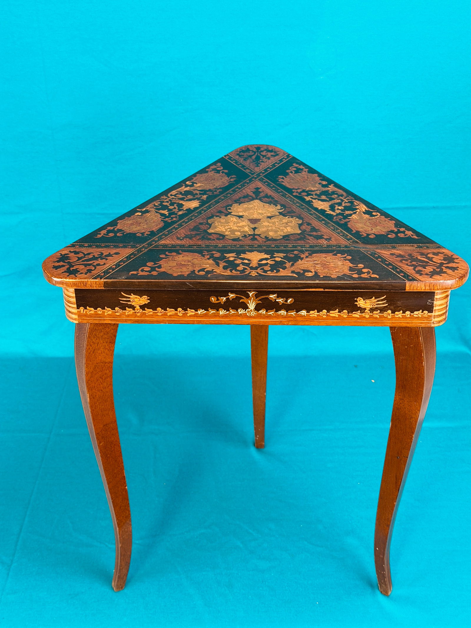 Vintage Marquetry Inlaid Small Table w Inset Music Box (1 of 7)