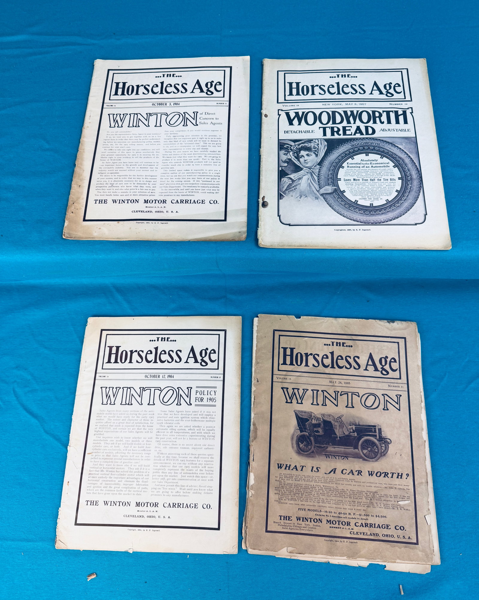 Lot 4 Early Horseless Age Magazines: Lot of four early 20th century "Horseless Age" magazines which contain information and illustrated advertisements for very early automobiles etc. Condition - as shown with some wear and soil.