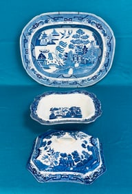 Lot 2 Early Blue Willow Ceramics Platter & Covered Vegetable