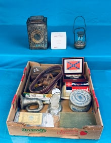 Lot Misc Item Including Tins, Lamps , Horn Etc