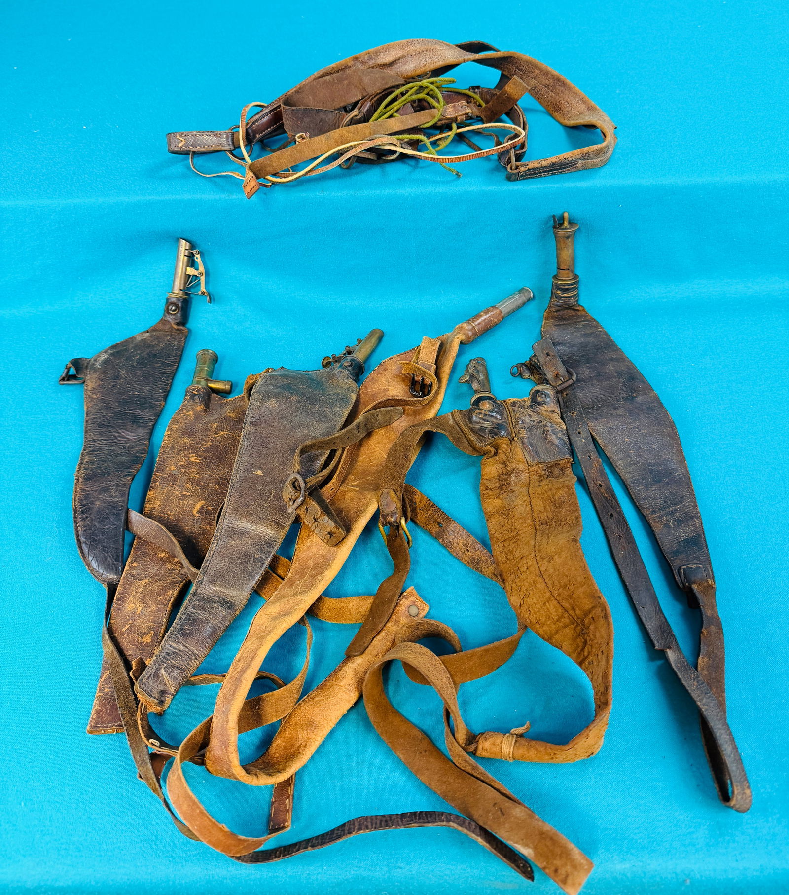 Lot Leather&Brass Shot Flasks w Shoulder Straps (1 of 5)