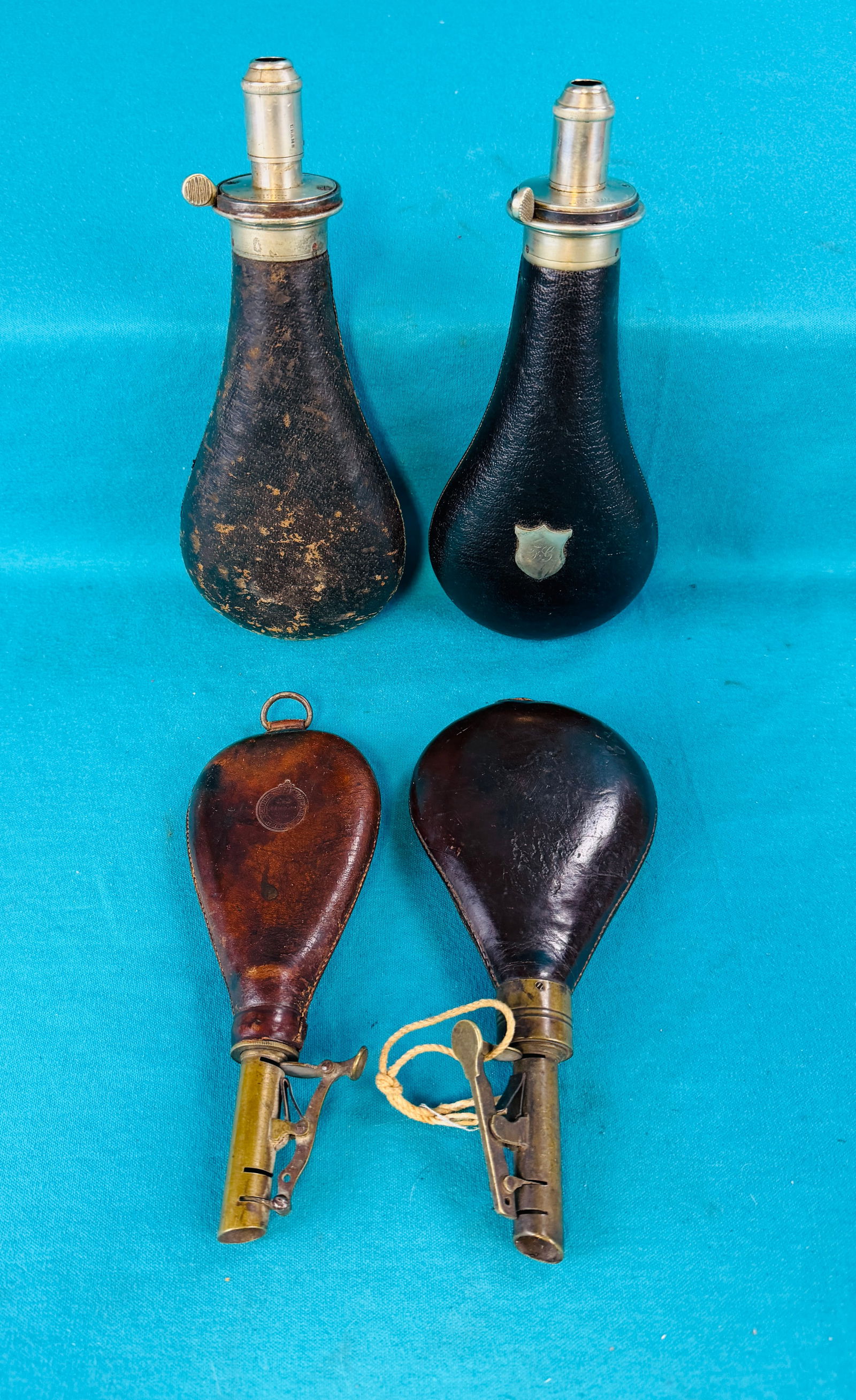 4 Antique Leather Covered Flasks James Dixon Etc (1 of 10)
