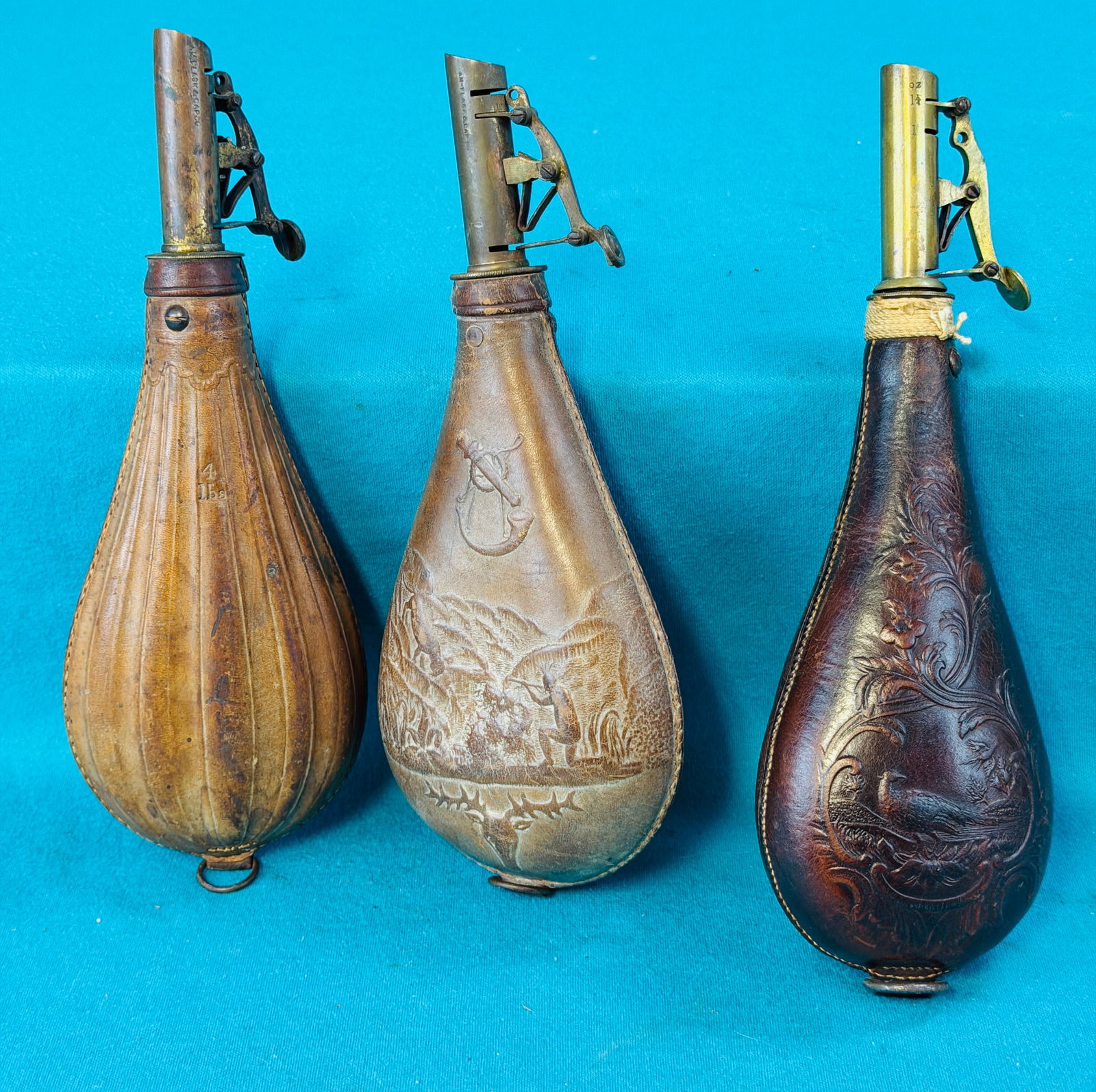 3 Antique Embossed Leather & Brass Shot Flasks (1 of 7)