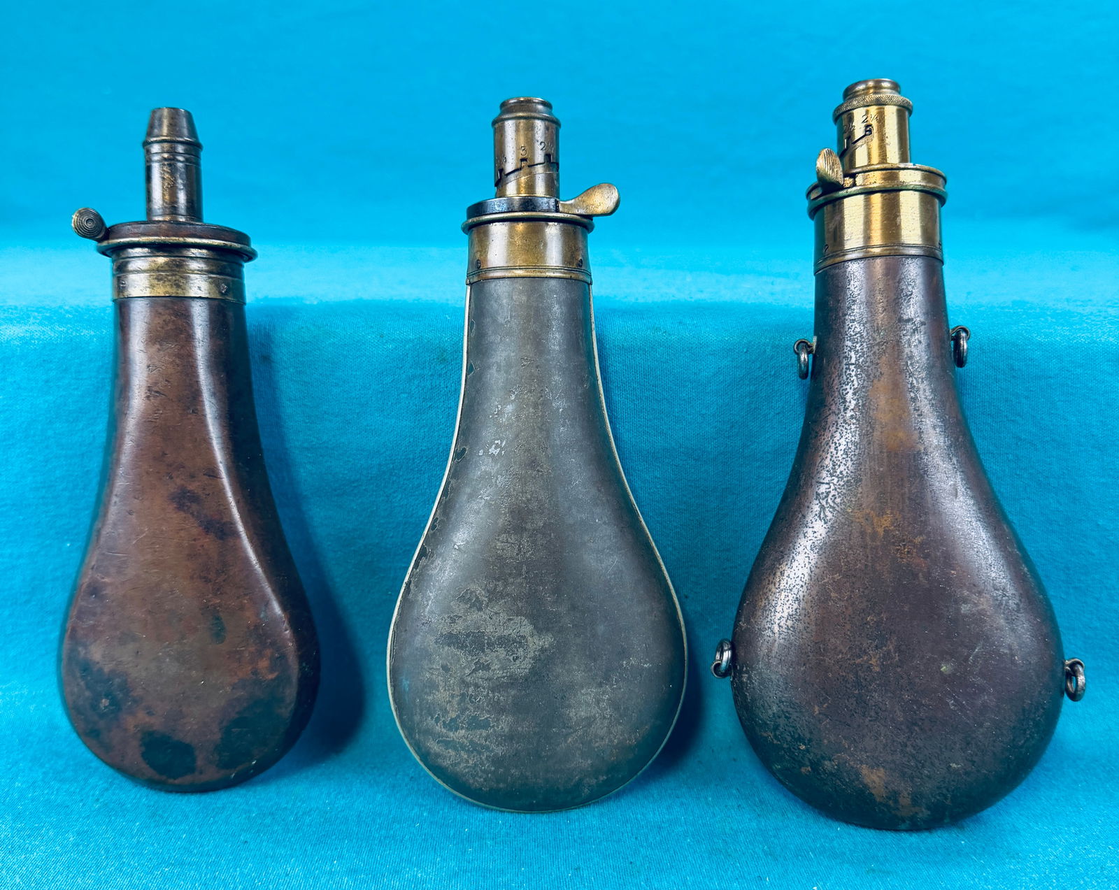 Antiq Metal Powder Flasks 2 Hawksley & 1 Sykes (1 of 4)