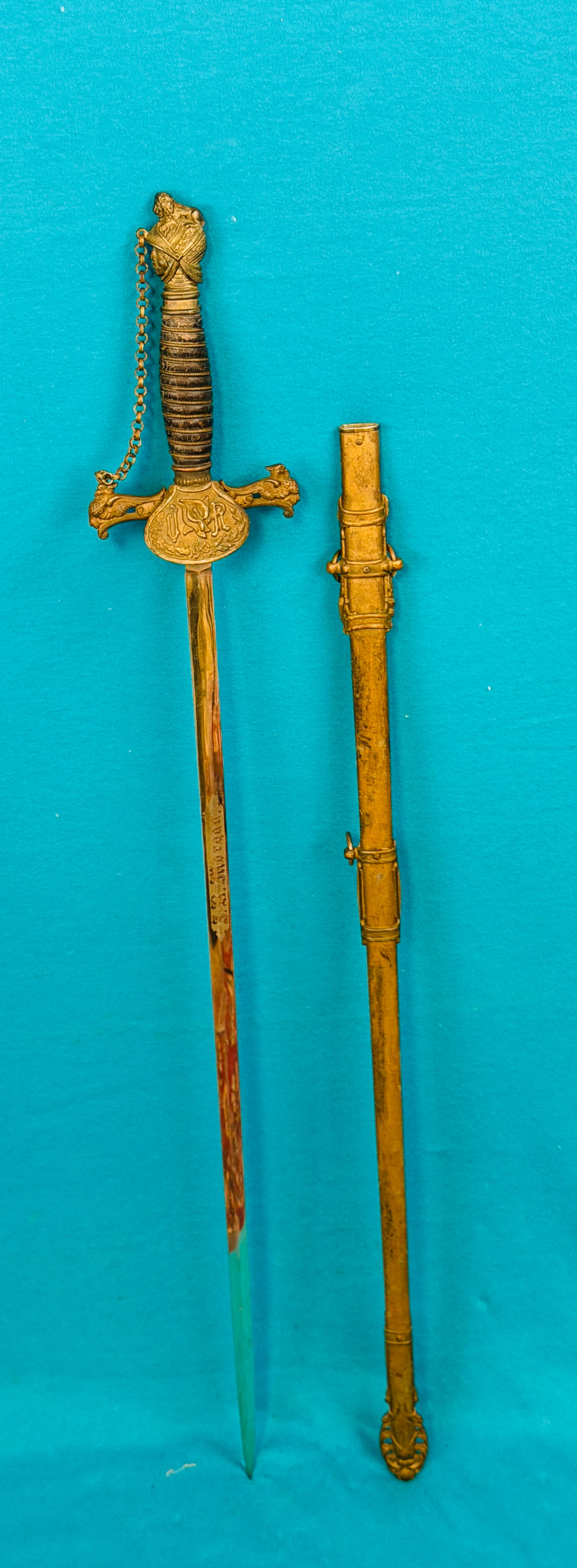 Knights Of Pythias Fraternal Order Sword: Antique Knights of Pythias (FCB Friendship, Charity, Benevolence) fraternal order sword which is personalized to a J B Morgan and is marked on the tang by the retailer the Cincinnati Regalia Company.