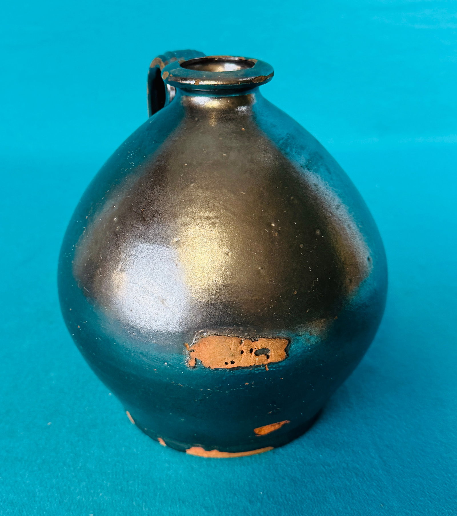 Early 19th C Ovoid Strap Handled Redware Jug (1 of 6)
