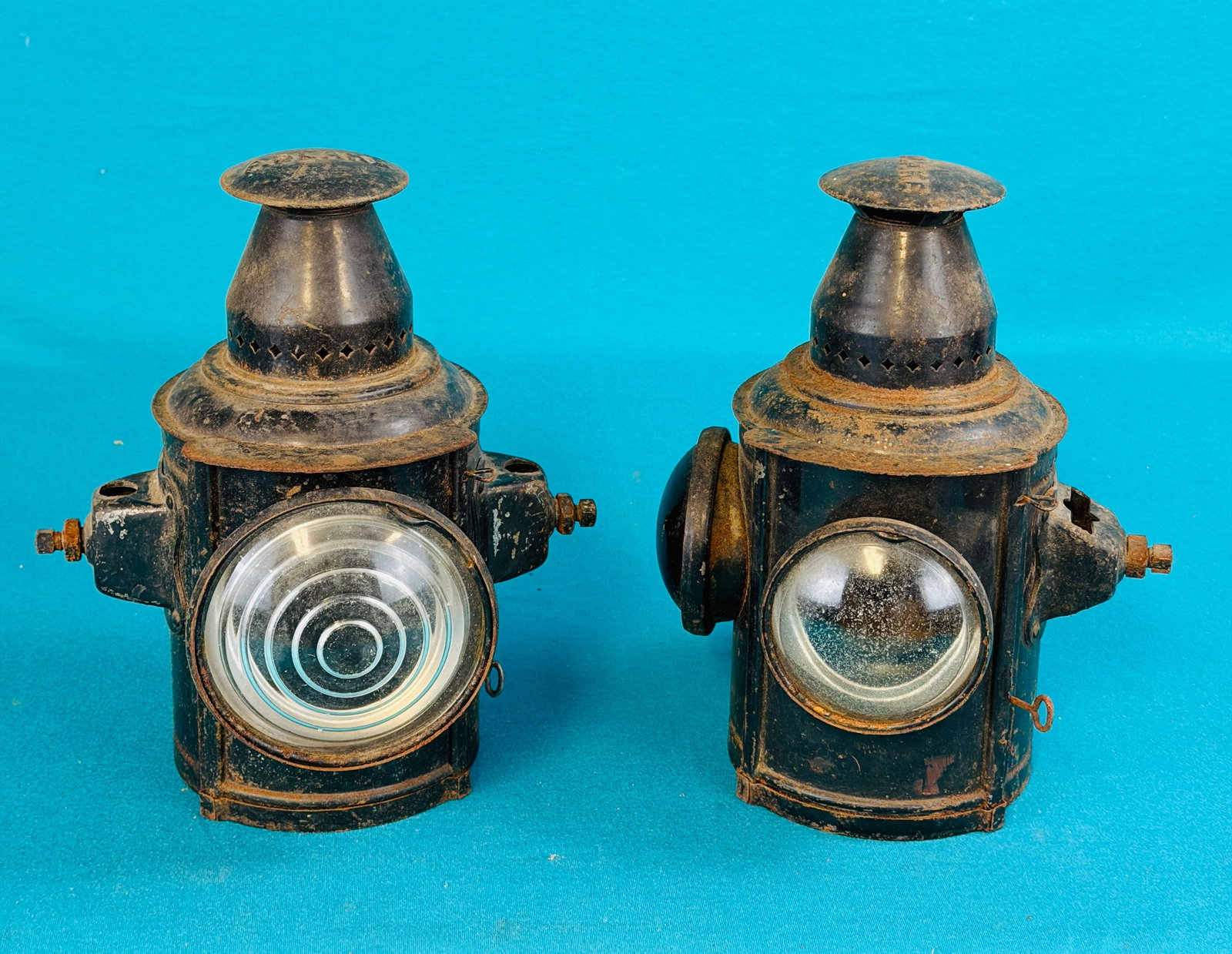 Lot 2 Adlake Kerosene Lamps: Lot of two antique marked Adlake kerosene lamps both complete with burners. Condition - as shown with some surface oxidation and wear. In house shipping available on this lot.
