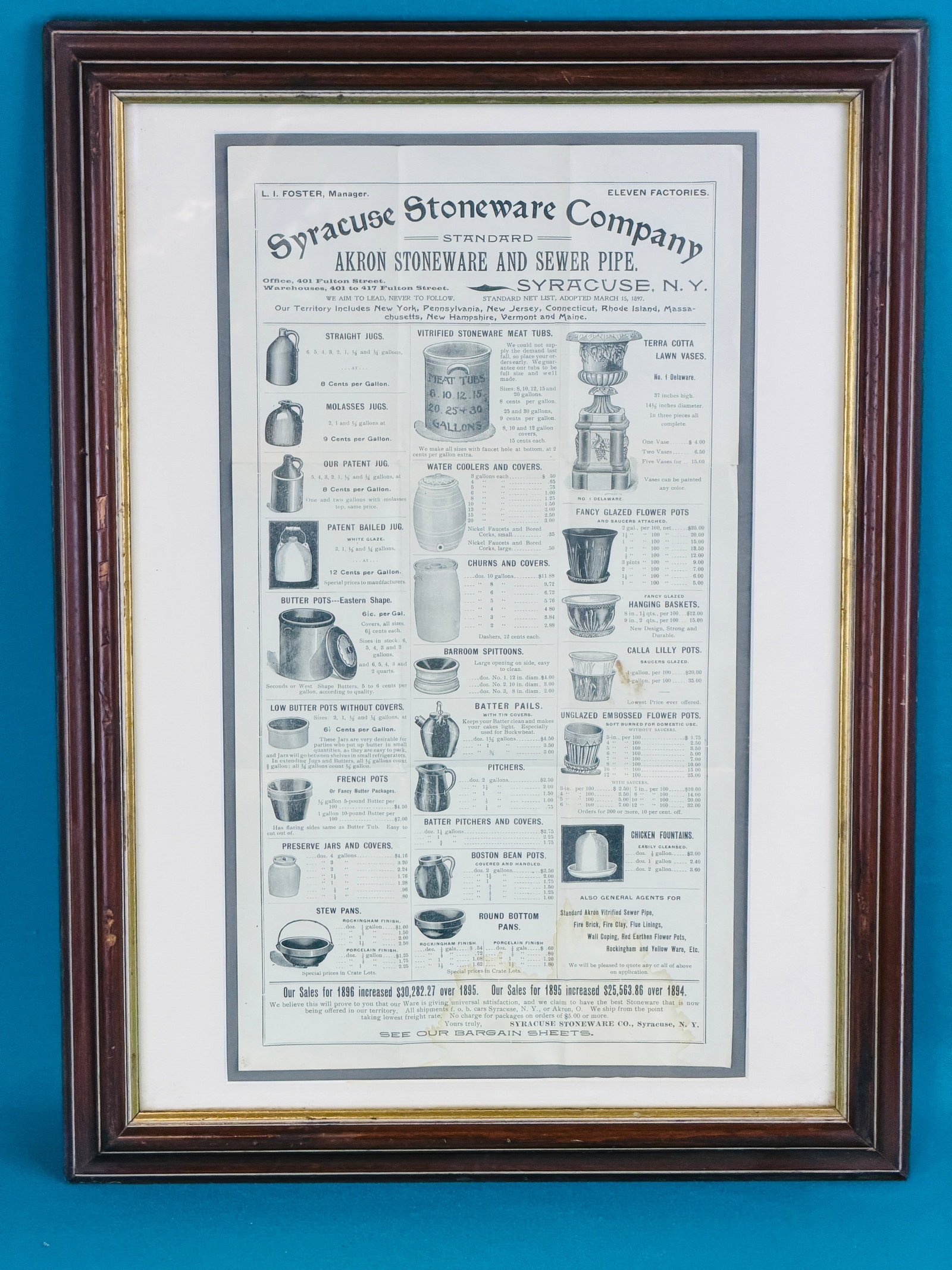 1897 Syracuse Stoneware Co. Price List: Framed original 1897 illustrated price list from the Syracuse Stoneware Company. The overall measurement is approximately 23" by 17" and the measurement of the item itself is 18 1/2" by 10". Condition