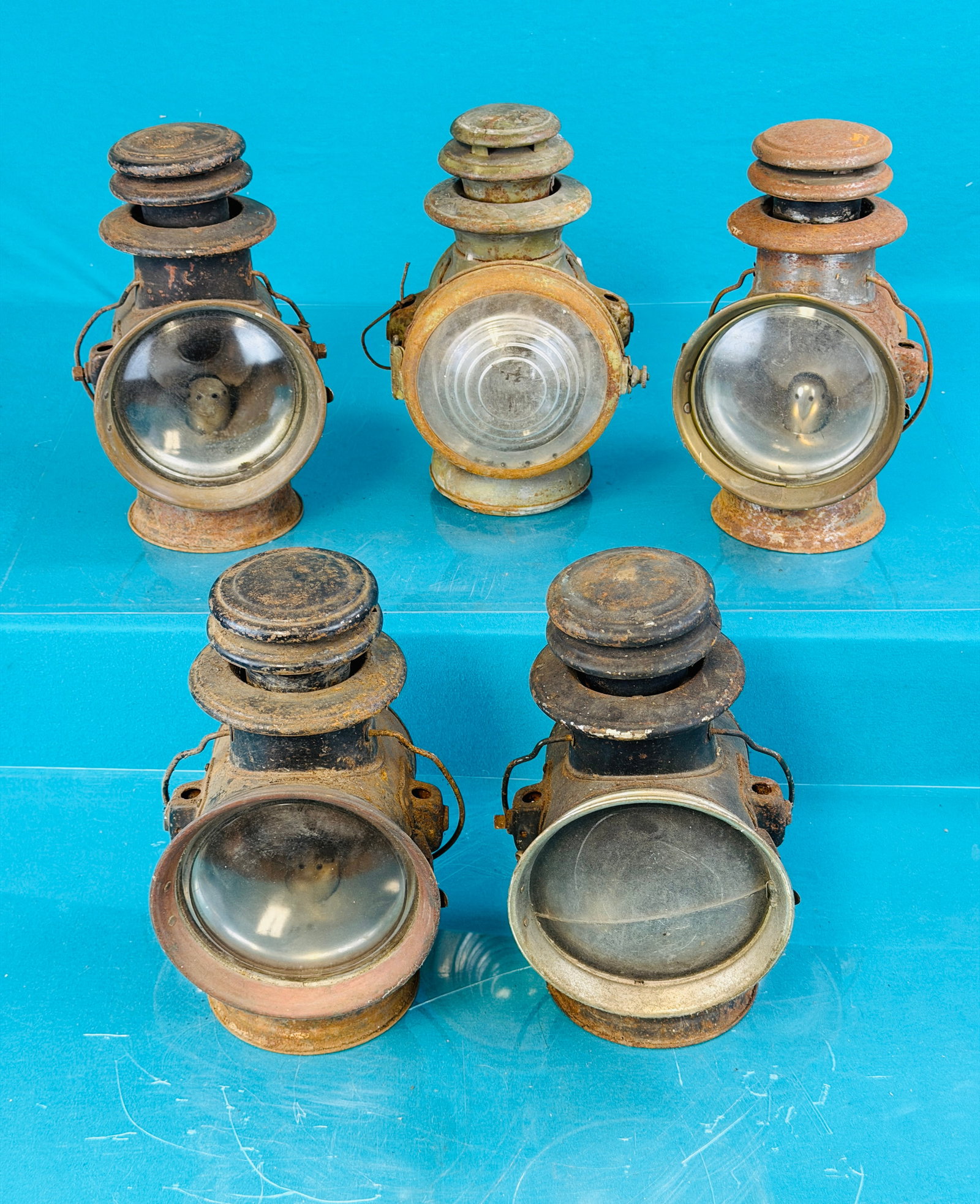 Lot 5 Early Dietz Automobile Lamps: Lot of five early marked Dietz kerosene automobile or carriage lamps. Condition -is as shown with some oxidation and one with a cracked front clear lens. A good restoration project lot. No in house sh