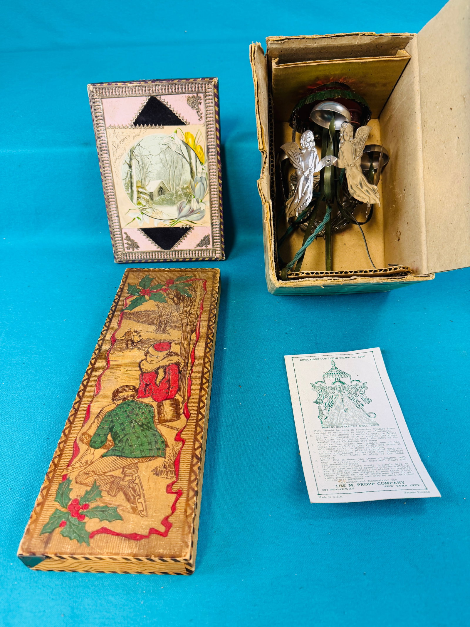 Antique Christmas Lot Angel Chimes Etc.: Antique Christmas lot which includes a excellent condition boxed Keydel Co Electric Angel Chimes distributed by the Propp Co New York which appears never to have been taken out of its box. Lot also in