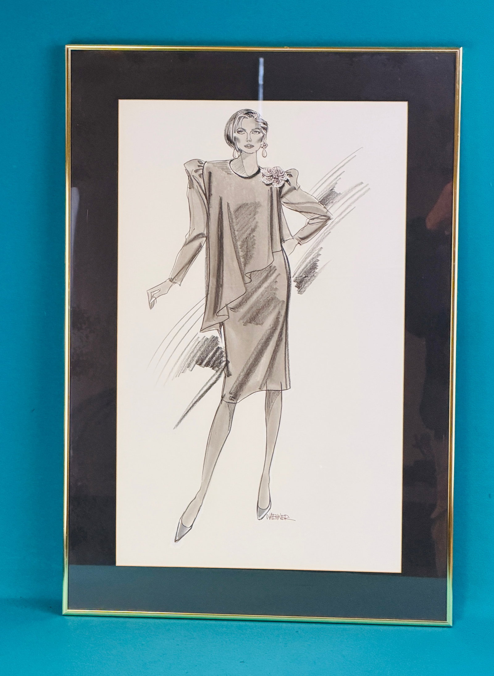 Vintage Charcoal & Gouache Fashion Sketch: Vintage signed framed charcoal and gouache fashion sketch. I was not able to make out the name of the artist (see photo). Sketch has been nicely framed and the overall measurement is 28" by 19 1/2".