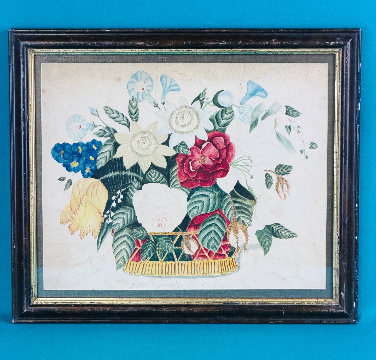 Antique Framed 1840's Folk Art Theorem: Antique circa second quarter 19th century framed folk art theorem painting which features colorful flowers in a reticulated basket done in watercolor and colored pencil. Frame is of the period with a 