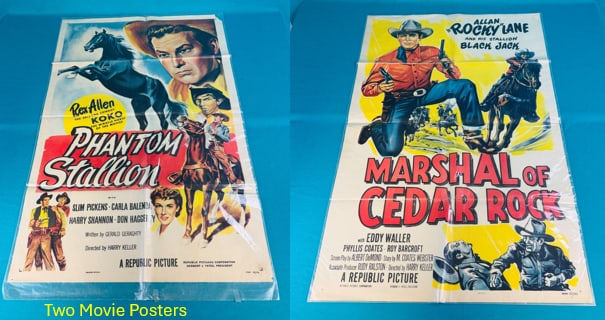 Lot 2 Original 1950's Western Movie Posters: Lot of two original 1950's western / cowboy posters which include "Marshall Of Cedar Rock" with Allen "Rocky" Lane and his stallion Black Jack together with "Phantom Stallion" with Rex Allen the