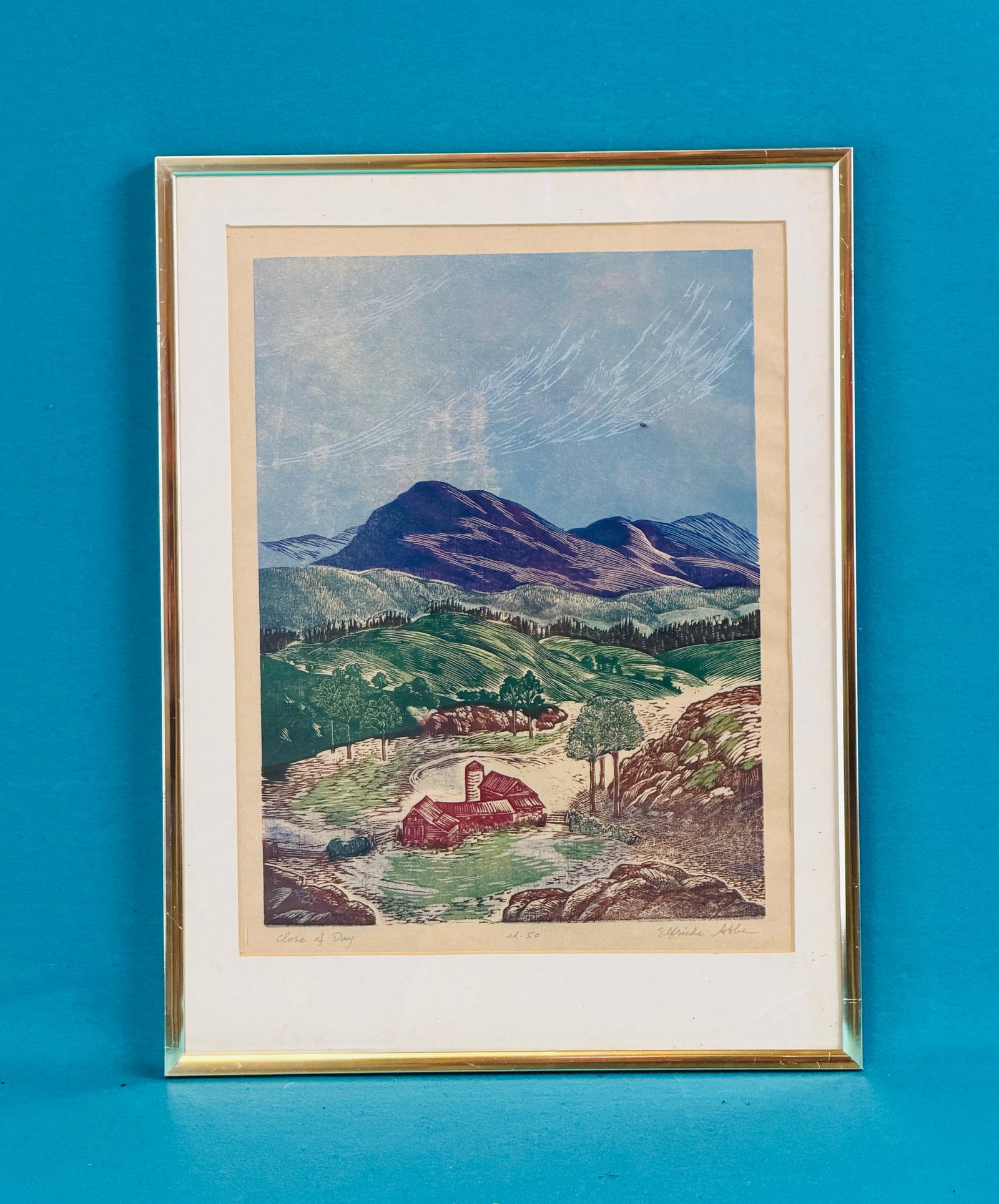 Elfriede Abbe Woodcut Print "Close Of Day": Vintage woodcut framed print by the sculptor and graphic artist Elfriede Abbe titled "End Of Day" featuring a barn in a landscape setting. Woodcut is done on a oatmeal colored paper and is titled and