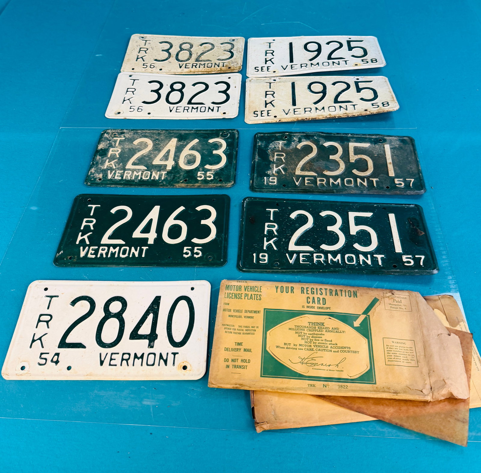 Lot 9 1950's Vermont Truck License Plates: Lot of nine 1950's Vermont truck license plates which includes pairs. Condition - is as shown. In house shipping available on this lot.