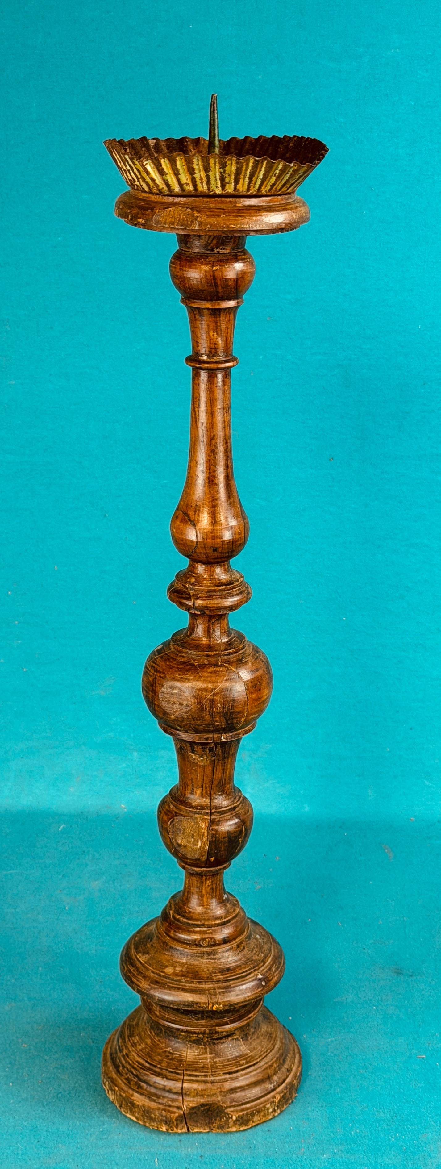 17th/18th Century Pricket Type Candlestick: Early 17th/18th century European pricket style candlestick which measures approximately 27 1/2" tall. Condition - some splitting to wood from age shrinkage as shown. No in house shipping available on 