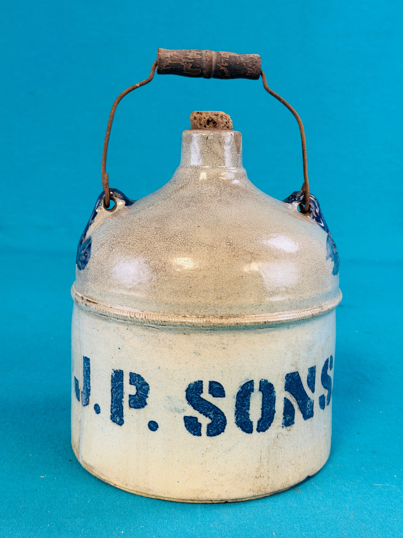 J. P. Sons Blue Decorated Handled Advertising Jug (1 of 7)