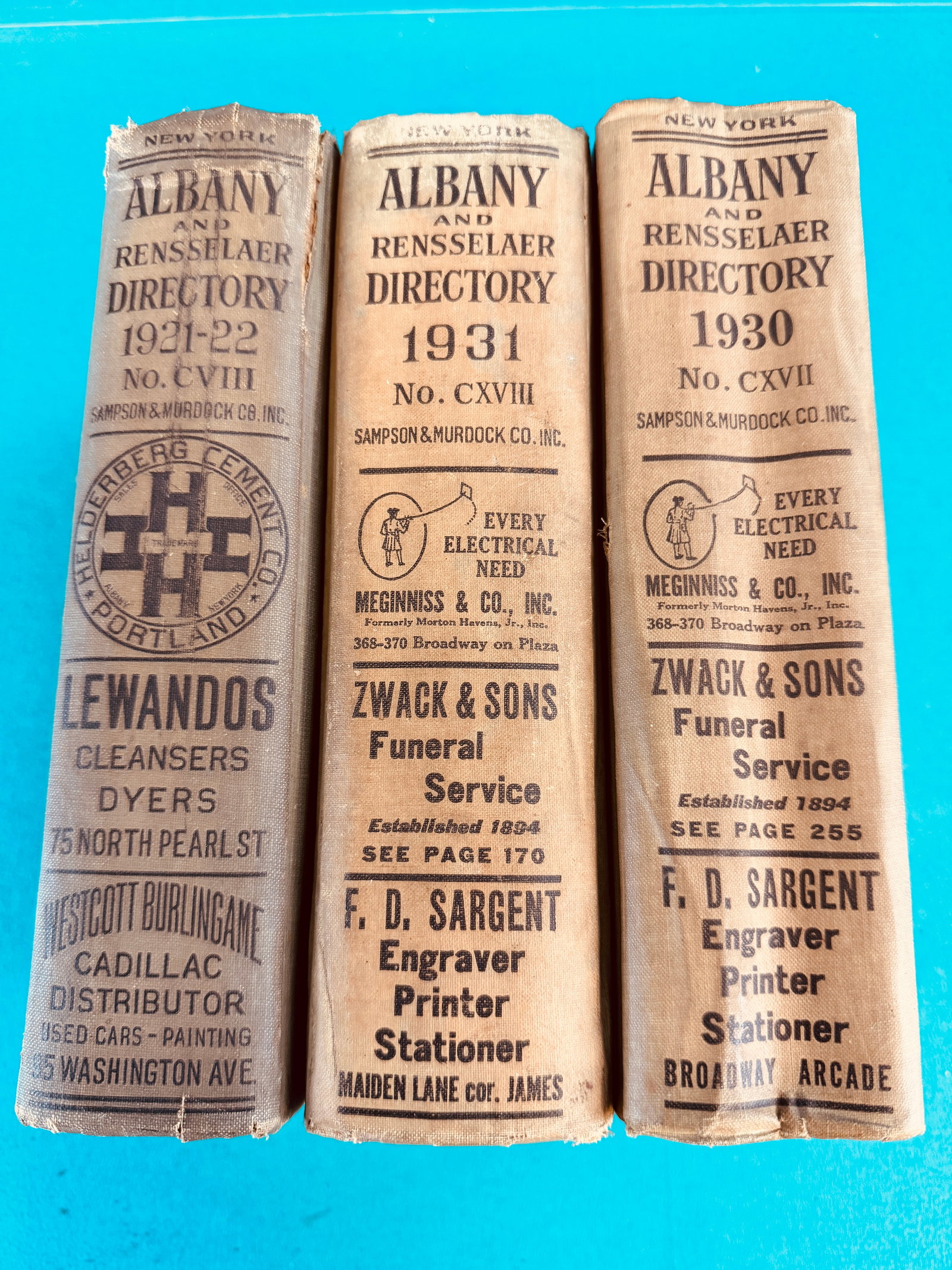 Lot 3 Old Albany Rensselaer Directories: Lot of three Albany Rensselaer directories for the years 1921-22; 1930 and 1931 by Samson & Murdock complete with the original maps. Condition - some minor wear and soil but nothing to excess. There i