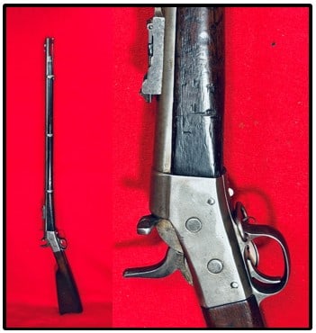 Remington Rolling Block 50 Cal NYS Musket: Remington rolling block New York State musket in 50 caliber with 36" barrel "in the white". Musket has three bands with a small sliver missing from for end but is in mechanically working condition. Co