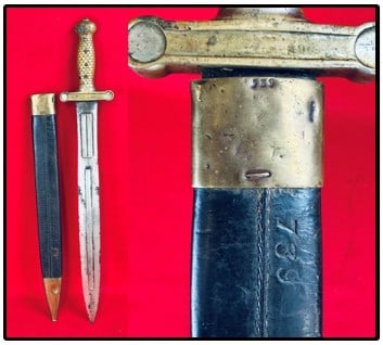 1832 Foot Artillery Short Sword w Scabbard: 1832 foot artillery short sword and scabbard made by the Ames Manufacturing Company of Springfield (later Chicopee) Massachusetts. Sword has a solid brass hilt with 4" cross guard and having a 19" dou