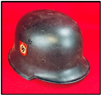 German WW2 Civic Police Helmet: German World War Two Civic Police Helmet complete with both decals both of which are in excellent condition. Helmet has its original oil cloth like liner along with partial leather chinstrap and a int