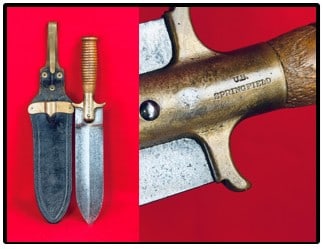U.S. Model 1880 Springfield Hunting Knife / Entrenching Tool: Original United States Model 1880 Springfield hunting knife / entrenching tool with marked R.I.A. (Rock Island Arsenal) leather and brass scabbard. Knife is marked as serial number 4478 (out of 5000 m