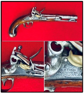 U.S. H. Waters Flintlock Military Pistol Dated 1836: United States H. Waters flintlock military pistol which is dated 1836 and is in mechanically working condition with replaced ram-rod. Condition - Very Good.