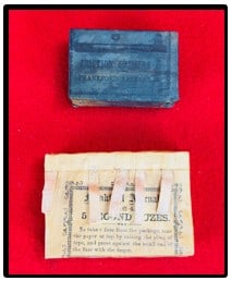 Civil War Frankford Arsenal Packages Fuses & Primers: Lot of two original unopened Civil War era Frankford Arsenal packages one containing 5 second fuses the other for friction primers both for use with Union artillery. The first unopened package contain