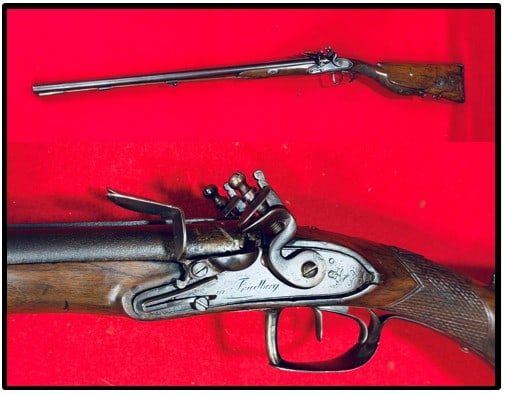 18th C Flintlock Dbl Barrel Shotgun W Carving & Inlays: Circa 1750 flintlock double barrel shotgun with great carving and inlays. Shotgun is .75 caliber and measures approximately 45" overall with 29" barrels and has wonderful carving to the stock depictin