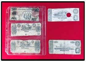 Lot 5 Early Notes Confederate Etc: Lot of five early paper currency which includes a Confederate States Of America 10 dollar note which has a circular cancel along with a similar 20 dollar note. Also included in the lot are three early