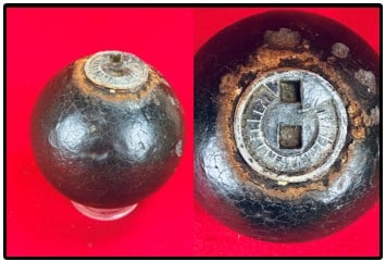 Civil War 12 Pounder Smoothbore Shell w Bormann Time Fuse: American Civil War Union 12 pounder smoothbore cast iron case shot shell with a 5 second Bormann time fuse. Shell has a diameter of 4.52" and is in nice condition having a couple small nicks to cast i