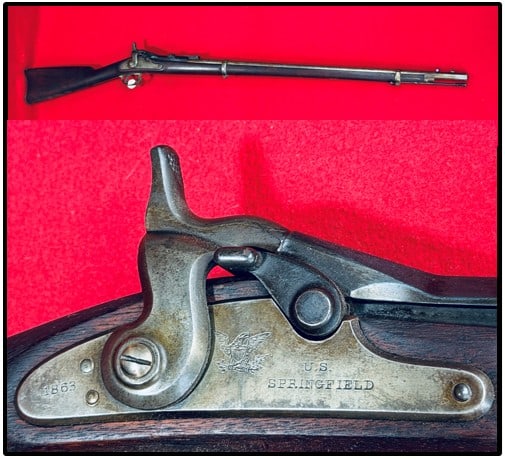 Springfield Model 1868 Trapdoor Rifle: Springfield model 1868 trapdoor rifle in caliber .50-70 and is serial number 17659. Rifle has a approximately 32 1/2" barrel and is in mechanically working condition. The rifle has a small crack on th