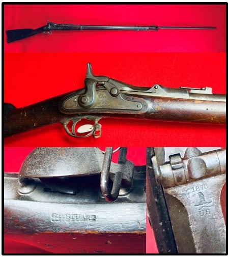 Springfield Model 1870 Trapdoor Rifle w Bayonet: Springfield Model 1870 trapdoor rifle with bayonet in caliber .50-70 and is serial number 24739 with a approximately 32 1/2" barrel. Rifle is not in mechanically working condition due to a frozen