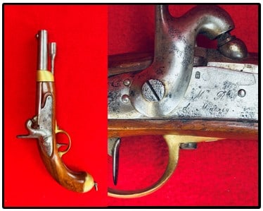 French Modele 1822 Tbis Military Pistol: French Modele 1822 Tbis military pistol which was converted by the French arsenal from flintlock to percussion and is of approximately .69 caliber. Pistol is marked on the lock plate "Mre RLde Mutzig 