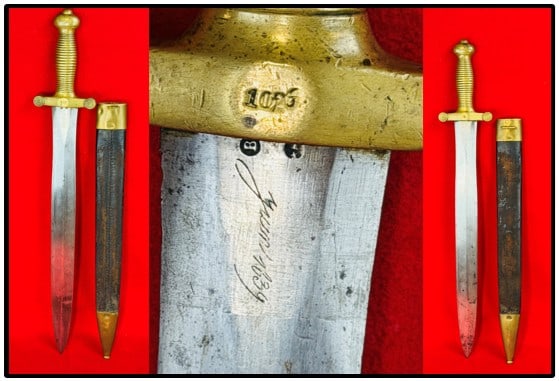 French Model 1831 Artillery Short Sword w Scabbard: French model 1831 artillery short sword which is maker marked and comes with its original leather and brass scabbard. Sword which was affectionately called coupe choux (cabbage cutter) by French troop