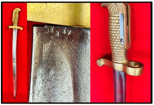 Alex Coppel German Bayonet w Insignia: Alex Coppel Solingen Germany made bayonet with a 18 1/8" long blade and having a solid cast brass grip which is cast with a insignia at the top. The blade is marked on one side of the ricasso with
