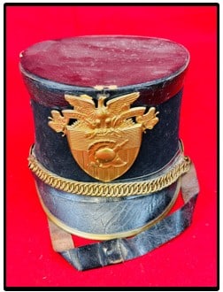 Antique USMA Full Dress Cadet Shako: Antique United States Military Academy at West Point full dress cadet shako or so called tar bucket made of stiff black felt and leather with brass chain, brim rim and side buttons along with a stampe