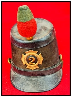 Antique Massachusetts Volunteer Militia 2nd Corps Dress Hat: Antique Massachusetts Volunteer Militia Second Corps of cadets dress hat made of stiff brown felt and black leather with Massachusetts buttons at sides, stamped brass 2nd Corps insignia at front and c