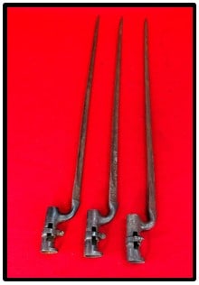 Lot 3 Triangular Socket Bayonets w Locking Rings: Lot of three triangular socket bayonets each being complete with locking ring. Each has a approximately 21 3/4" blade and were most likely for use on the Civil War Era Springfield Rifle . Condition - 
