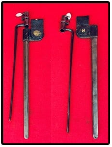 Massachusetts Marked Bayonet & Scabbard: Massachusetts marked both bayonet and scabbard. Bayonet has a triangular blade and is marked on the ricasso Mass U.S. while the scabbard has a cast brass Mass insignia on the frog while the sheath is 
