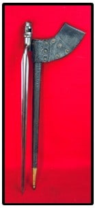 Civil War Era Bayonet w Leather Scabbard: Civil War era marked US triangular socket bayonet with locking ring with its leather frog and brass tipped leather sheath. Condition - bayonet is excellent with just some very minor spotting and both 