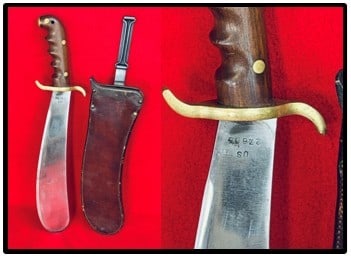 1912 US Hospital Corps Bolo Knife w Scabbard: 1912 United States Hospital Corps bolo knife with scabbard which was made at the Springfield Armory. The knife has a heavy wood handle and blade with the blade being marked S.A. (bomb) S.A. on one sid