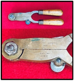 1895 Frankford Arsenal 5 Cavity Bullet Mold: 1895 Frankford Arsenal five cavity mold for .30 caliber round balls for use in gallery practice with the 30-40 Frag rifle. Mold is marked Frankford Arsenal / 1895 / Cal .30 / C.H.C. (inspectors mark).