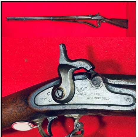 Springfield Model 1863 Civil War Musket w Sling: Springfield Model 1863 Civil War musket which is dated 1864 on the lock plate and which comes with a period leather shoulder sling. Musket has inspectors mark on the stock opposite side of the lock pl