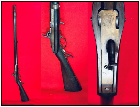 Model 1819 Hall Breech-Loading Percussion Rifle: Model 1819 Hall breech-loading rifle which is a second production type which has been altered to percussion by a Northern arsenal with a 33" barrel and being marked in three lines on the top of the br