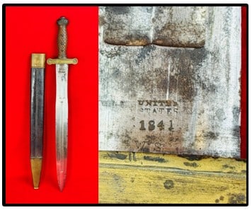 Ames Model 1832 Artillery Sword w Rare Mass. State Scabbard: Model 1832 short artillery sword marked on tang by N. P. Ames Springfield below an eagle on one side and United States along with the date 1841 and the inspectors initials WS which indicate its possib