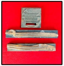 Lot 3 Printing Blocks Sword, Saber, Etc: Lot of three antique copper on wood printers blocks one of which is for a sword with ornately decorated hilt, another is for a saber which appears to be presentation grade with personalized etched bla