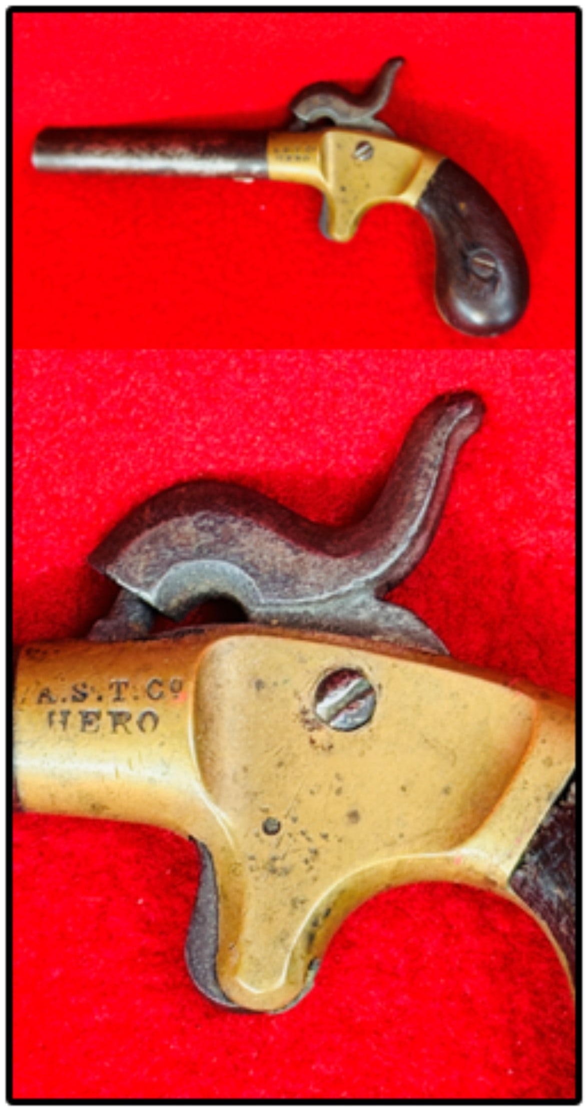 A.S.T. Co "Hero" Single Shot Percussion Pistol: A.S.T. Co "Hero" single shot percussion pistol with 3" barrel . Pistol does not have a serial number. Pistol would be rated as being in good condition and is mechanically working.