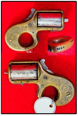 J Reid "My Friend" Knuckle Duster Patented 1865: James Reid "My Friend" knuckle duster which was patented December 26th 1865 and which is serial number 9127. Firearm is seven shot .22 caliber and does not function. The cylinder pin is a replacement.