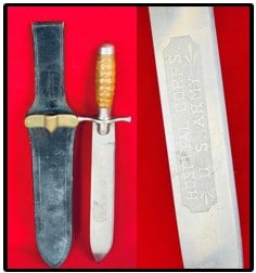 U.S. Model 1887 Hospital Corps Knife w Scabbard: United States Model 1887 Hospital Corps Knife with its first type black leather scabbard. The knife measures approximately 16 3/4" overall with a 12" single edged spear shaped blade with a panel etche